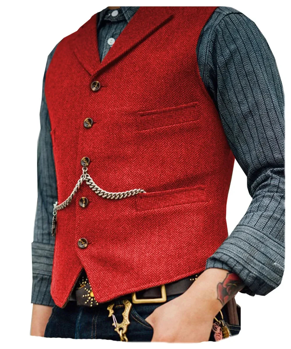 Wool Tweed Men's Suits Vest for Groomsmen Wedding Lapel Casual Slim Business Vests Sleeveless Waistcoat Male Gilet Homme Vests