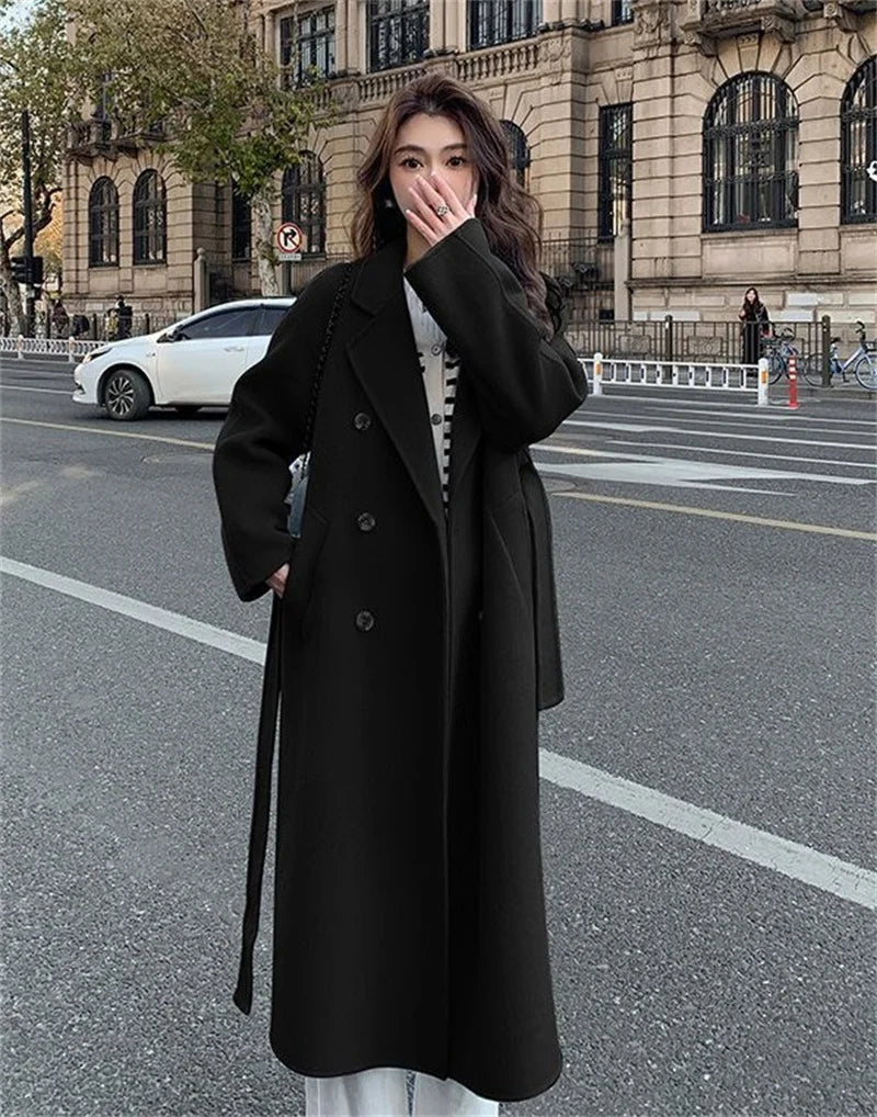 100% Wool Coat Women's Wear 2024 Autumn/Winter Fashion Temperament Double sided Cashmere Coats with Belt Elegant Long Overcoat