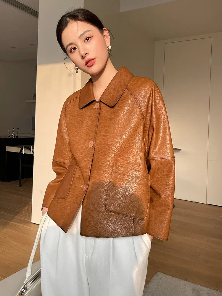 High-end Simple Natural Sheepskin Coats for Women 2025 New Trend Casual Single-breasted Lychee Texture Genuine Leather Jacket