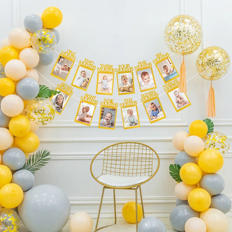 Birthday Baby One Year 12 Months Photo Banner Boy Girl 1 Year First Birthday Party Picture Photo Frame Garland Anniversary Decor