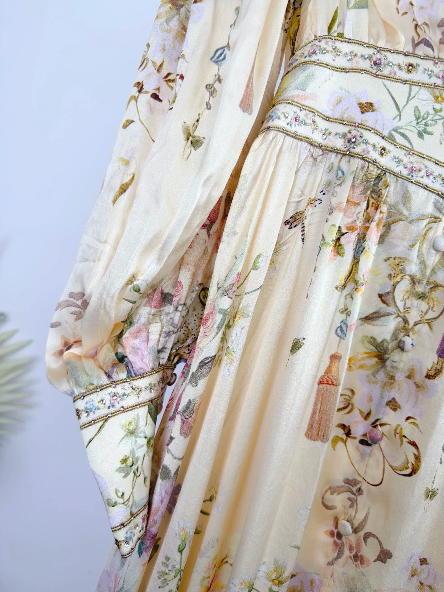 Women Silk Flower Printed Long Dress Heavy Beaded V-Neck Lantern Sleeve Loose Female dress
