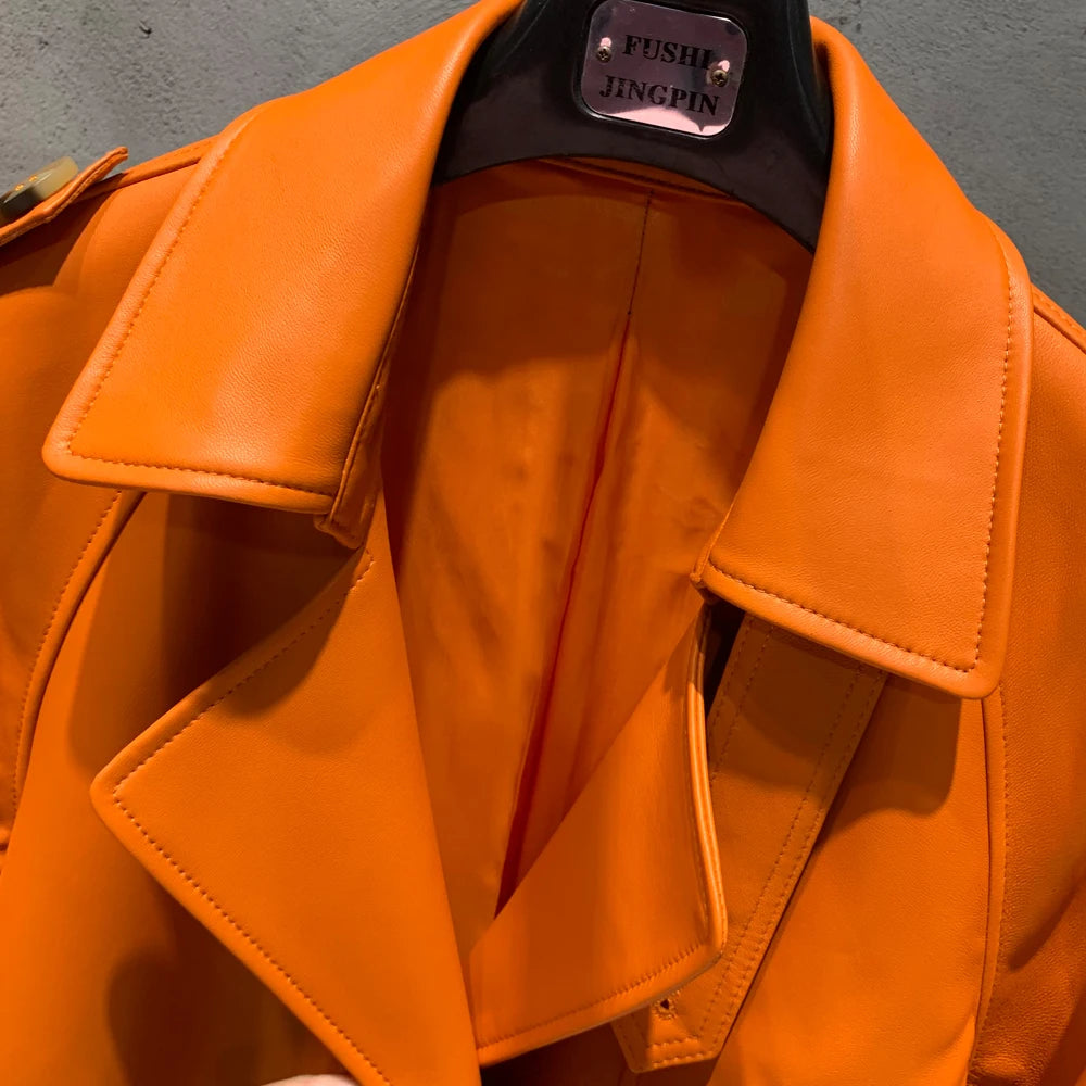 Leather Coat Orange Long Ladies Real Sheepskin Coat Genuine Sheep Leather Windbreak Long 21018