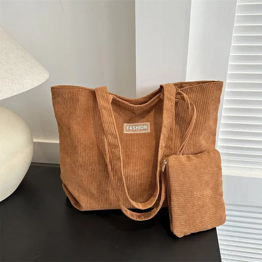 Ladies' handbag, corduroy ladies' shoulder bag, daily commuting tote bag, shoulder bag with small bag