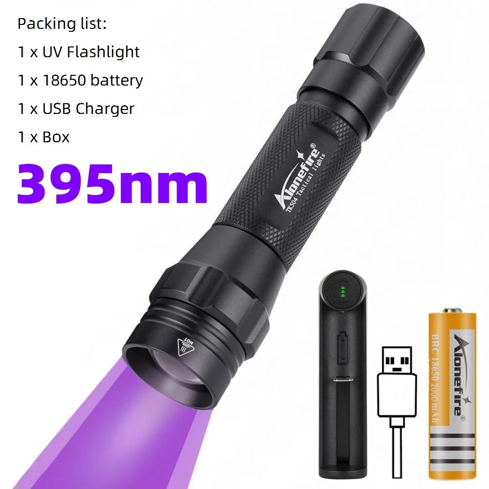 Ultraviolet 365/395nm Zoom Ultra Violet flashlight UV Fluorescent Blacklight Invisible Marker Curing Cat Dog Detector TK504