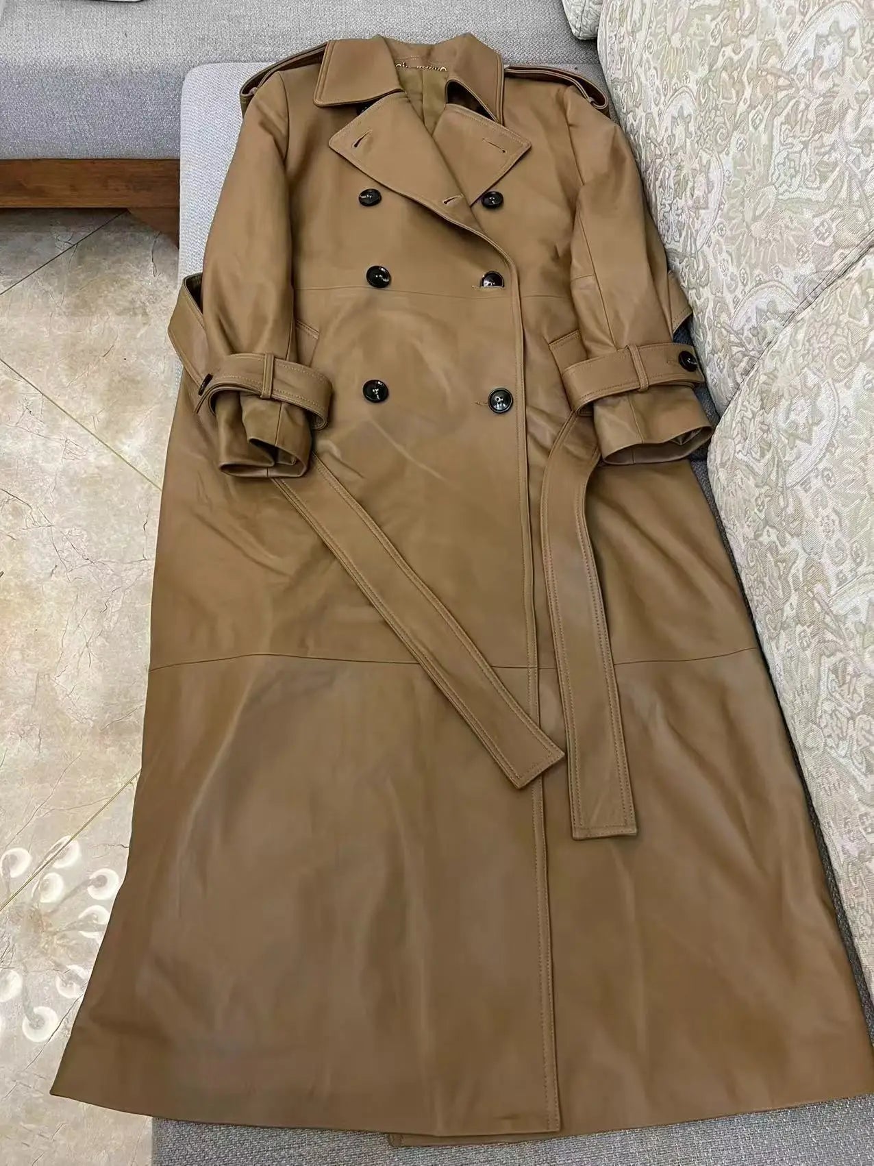 Women Leather Jacket Autumn Winter Black/Red Coffee Sheepskin Lapel Double Breasted  Belt Slim Show Tall Long Trench Coat Dress