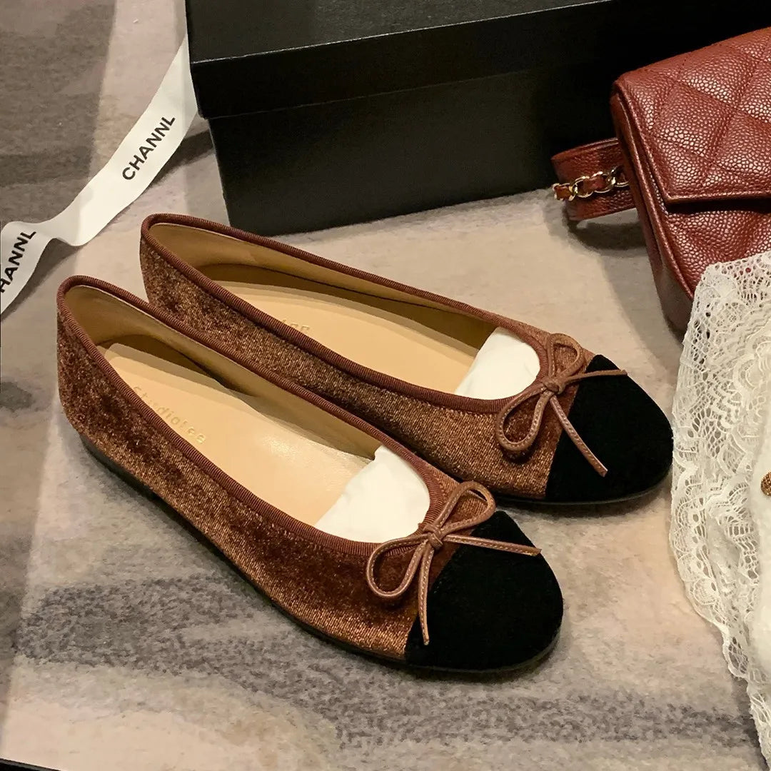 Flat Shoes for Women 2025 Spring and Autumn Round Toe Color Blocked Butterfly Bow Velvet Light Mouth Fashionable Single Shoe