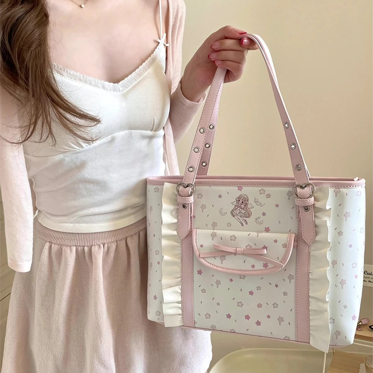Pink Tote Bag Women Large Capacity Shoulder Bags Cartoon Cute PU Leather Handbags Shopping Women's Bags
