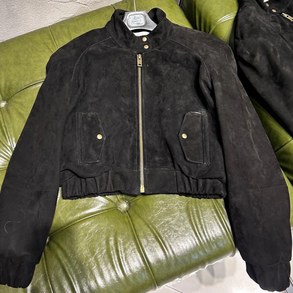 Cropped Suede Brown Women Jacket Drop-shoulder Real Leather Jackets 2025 New Outerwear