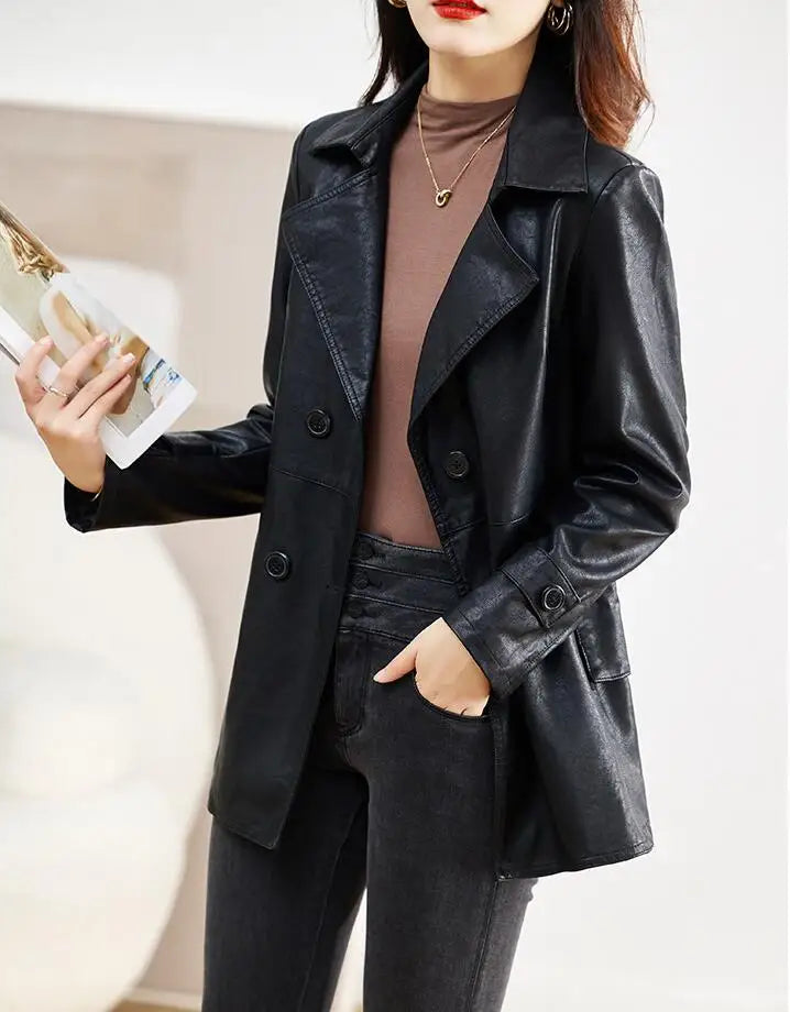 Turn-down Collar Genuine Leather Jacket Women Korean Fashion Slim Sheepskin Coat Black Real Leather jackets ladies Casual Blazer
