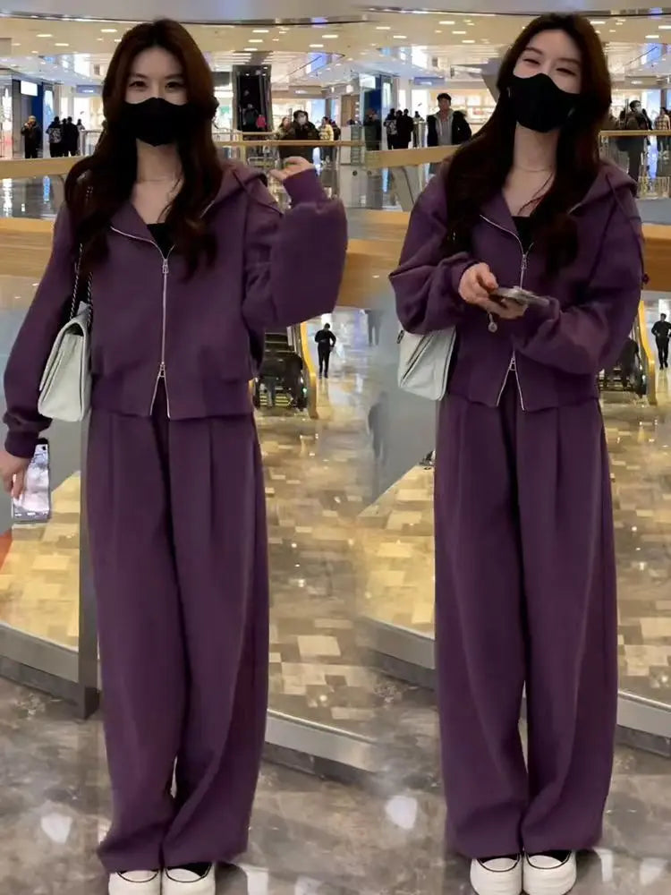 Pant Sets Two Pieces Hooded Hoodies Matching Sets Zipper Sweatshirts Long Sleeve Loose Drawstring Straight Pants Casual