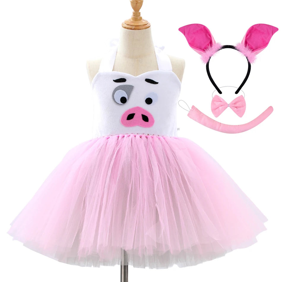 Girl Cartoon Raccoon Sloth Koala Piggy Rabbit Tutu Sling Dress Children Cosplay Festival Performance Dance Costume Headband Sets