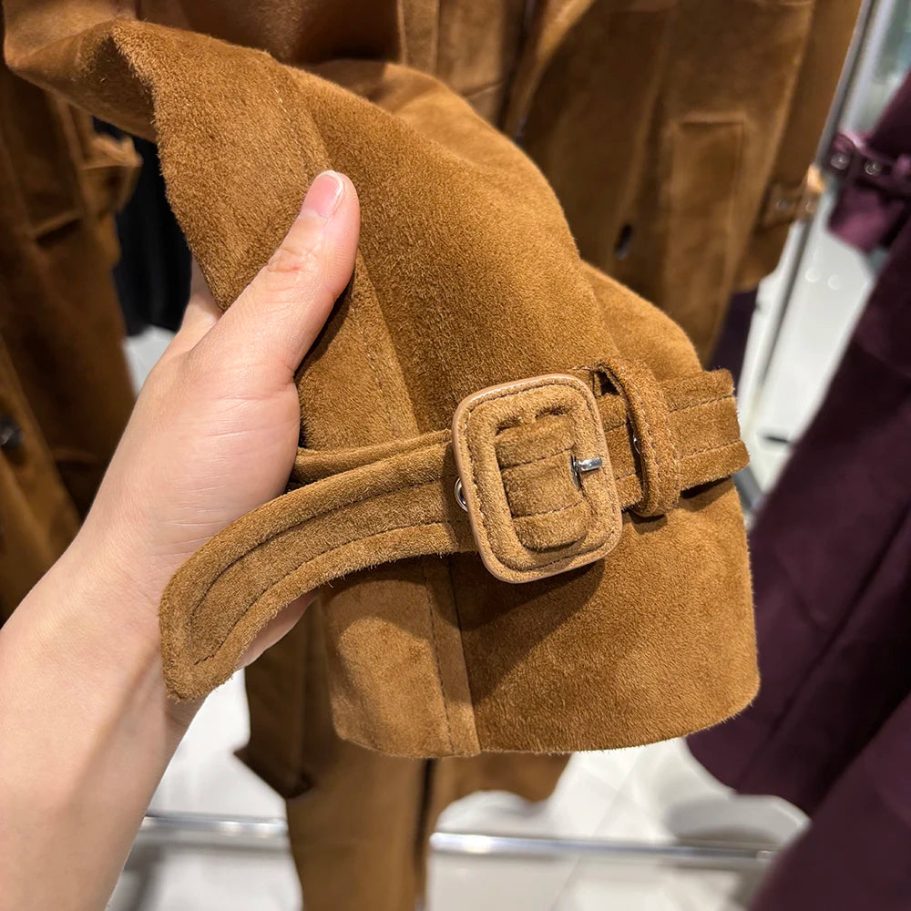 YOLOAgain 150cm Extra Length Real Leather Trench Coat Women Double Breasted Suede Coat Female