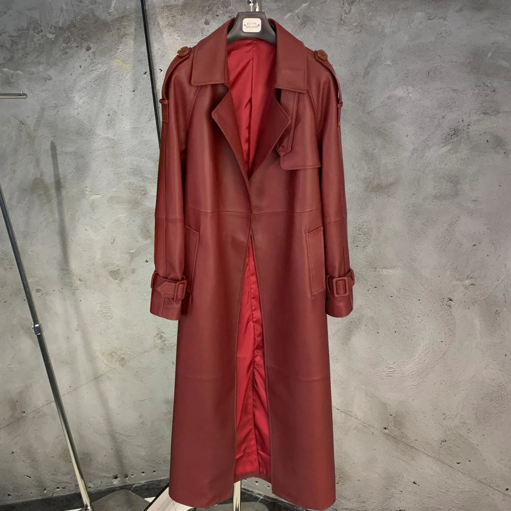 Leather Coat Orange Long Ladies Real Sheepskin Coat Genuine Sheep Leather Windbreak Long 21018