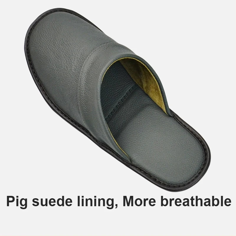 Genuine Cow Leather Slippers Homes in indoor slipper Spring Autumn summer men women elderly non-slip casual single Slides shoes