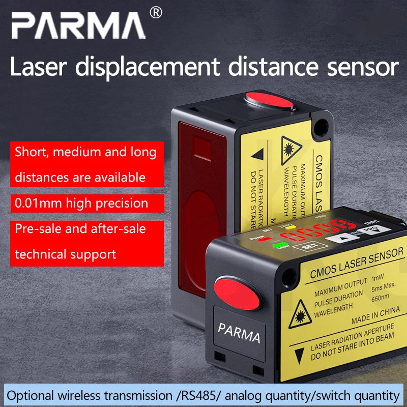The laser displacement sensor features high-precision distance measurement and thickness detection, with rs485 switch analog out