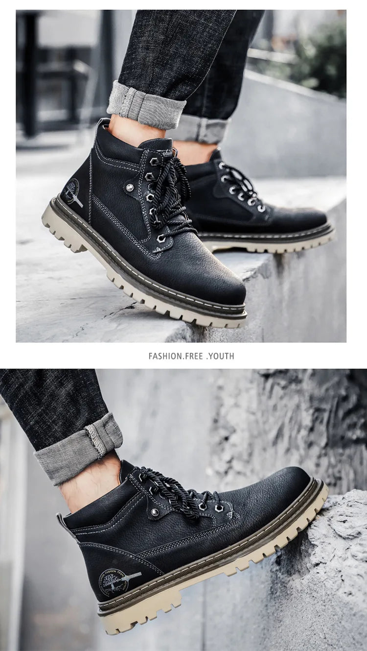 Men's High-Top British Style Motorcycle Boots Durable Cowboy Ankle Shoes Rugged Casual Non-Slip Leather Outdoor Work Footwear
