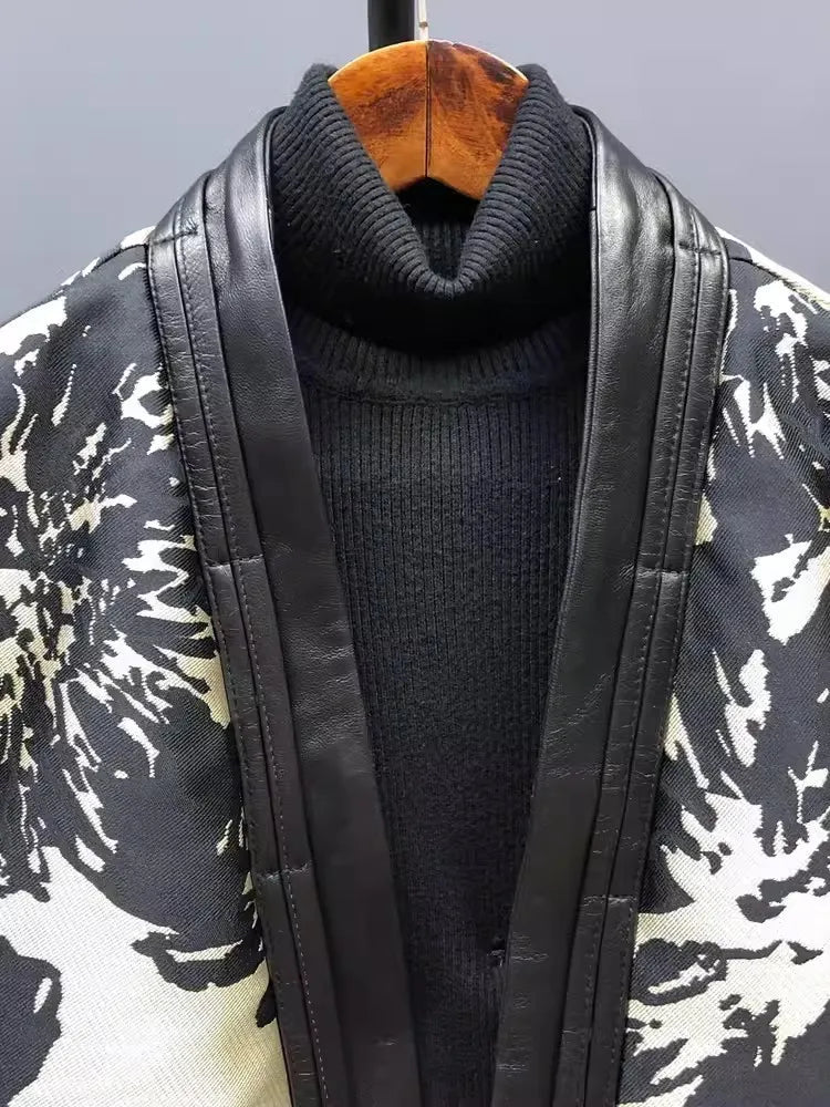 New Chinese Style Printed Patchwork Elegant Women Sheepskin Genuine Leather Jacket V-Neck Spring Autumn Office Ladies Short Coat