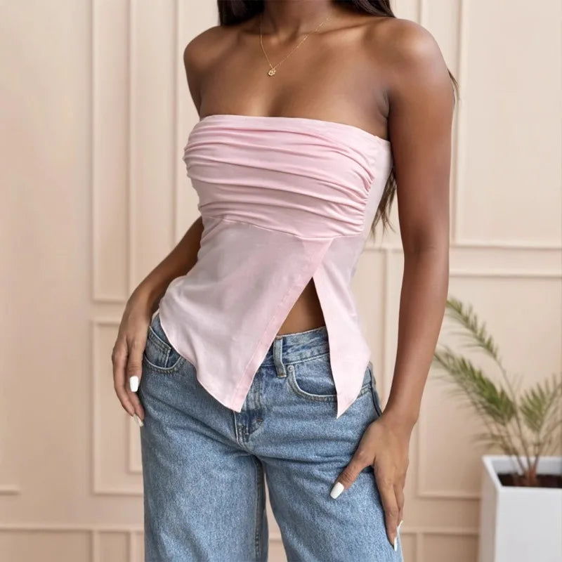 Women Summer Off Shoulder Sexy Pink Asymmetrical Tops Slash Ruched Irregular Split Tops Tank Camisole Elegant Sexy Slim Corset