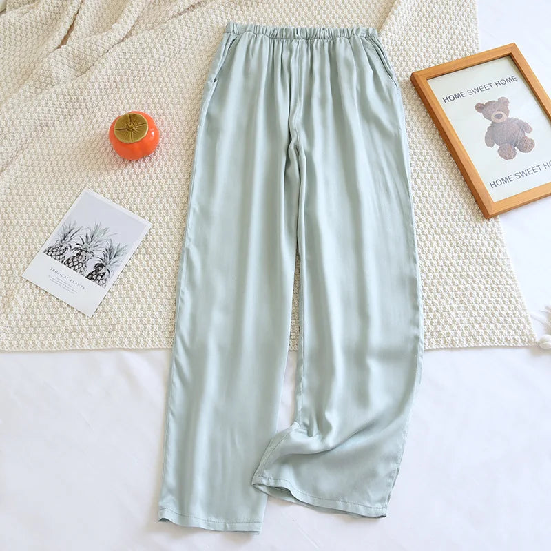 Thin Solid Color Summer Sleep Bottoms Ice Silk Satin Couple Sleeping Pants Loose Mosquito Proof Pants for Women and Men