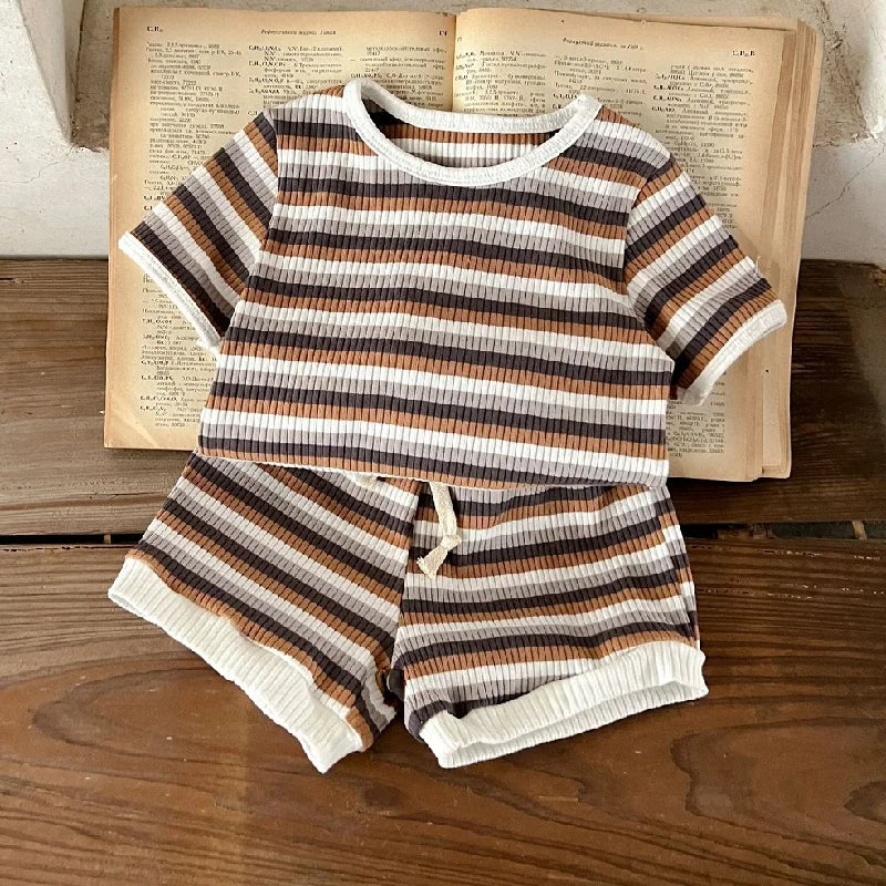Comfortable Baby Clothes Set  Boys Simplicity Stripe Round Neck T-shirt +  Striped Shorts  breathable casual girl short sleeved