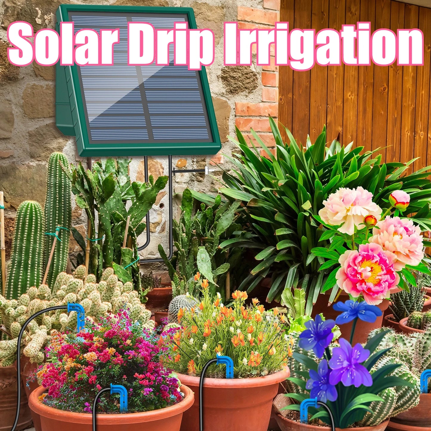 Solar Irrigation System, Automatic Watering System with 10M Hose and 10 Drip Tips for In/Outdoor, DIY Garden Balcony Terrace Etc