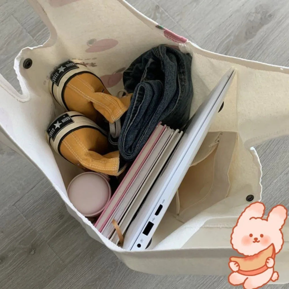 Cute Strawberry Tote Bag Aesthetic for School Girls Purses Shopper Designer Handbag Women Peach Print Eco Shoulder Bags