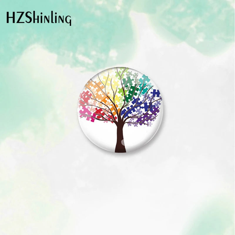 2023 New Autism Awareness Tree Love Support Pattern round Button Badge Brooch For Clothes Backpack Decoration Pin Jewelry