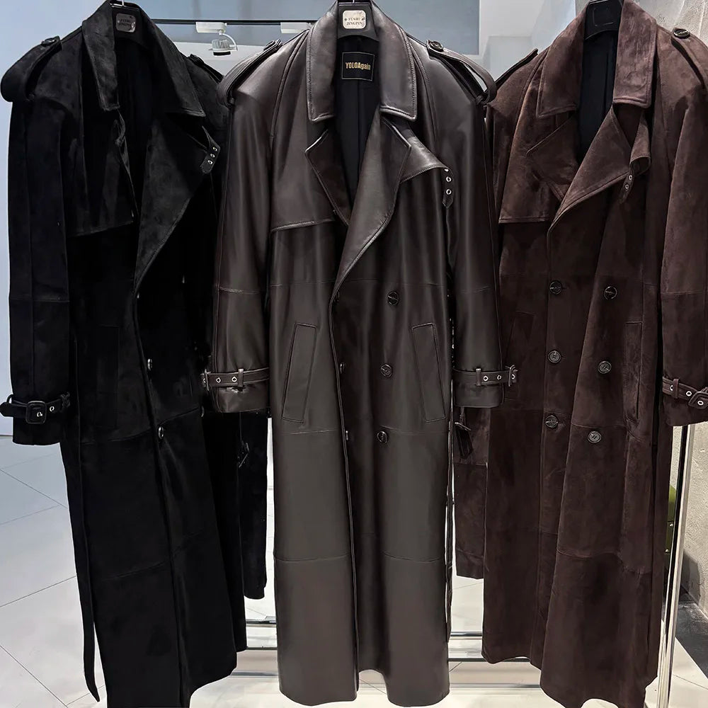 YOLOAgain 150cm Extra Length Real Leather Trench Coat Women Double Breasted Suede Coat Female