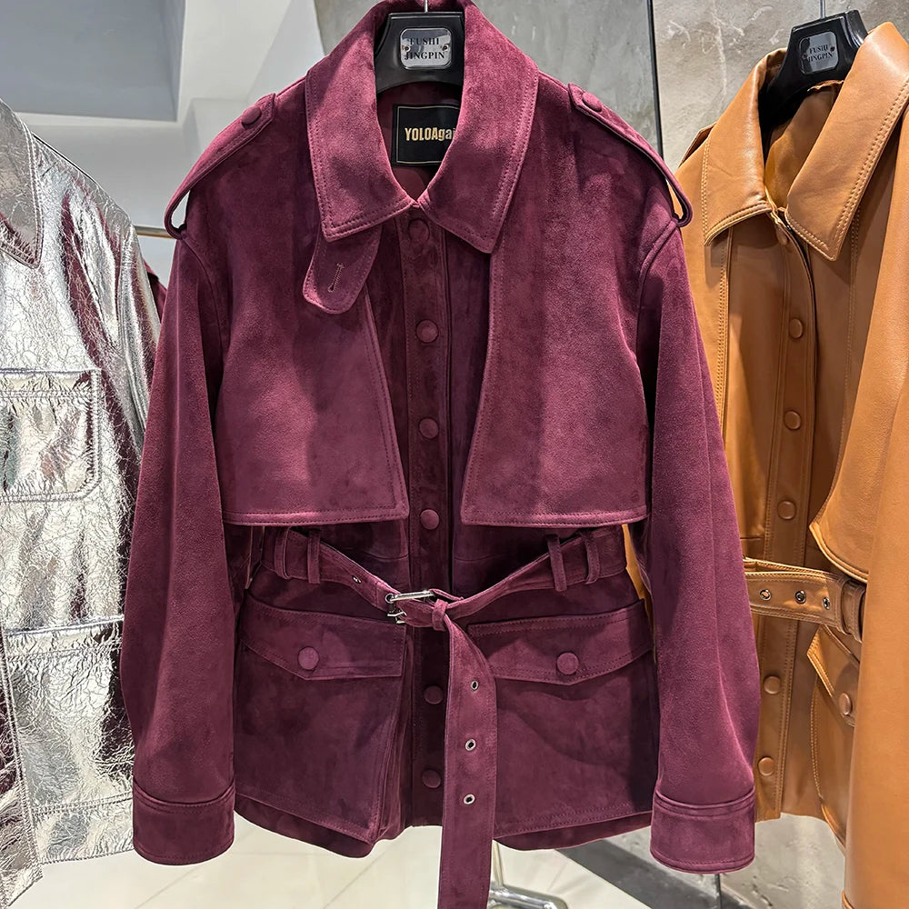 YOLOAgain Real Leather Suede Jacket Women Dark Brown Single Breasted Leather Coat With Belt