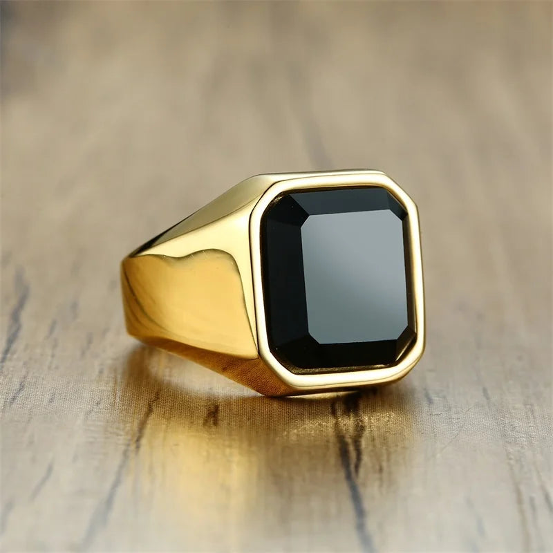 Vnox Stylish Square Natural Stone Signet Rings for Men, Stainless Steel Metal Finger Ring Party Gift Jewelry