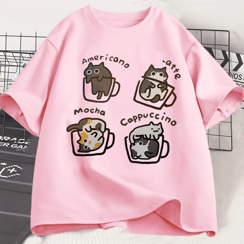 Men's Pure Cotton T-shirt From 2025, Coffee Cat, Is Comfortable, Breathable and Of High Quality. It's for Beach Travel, Parties