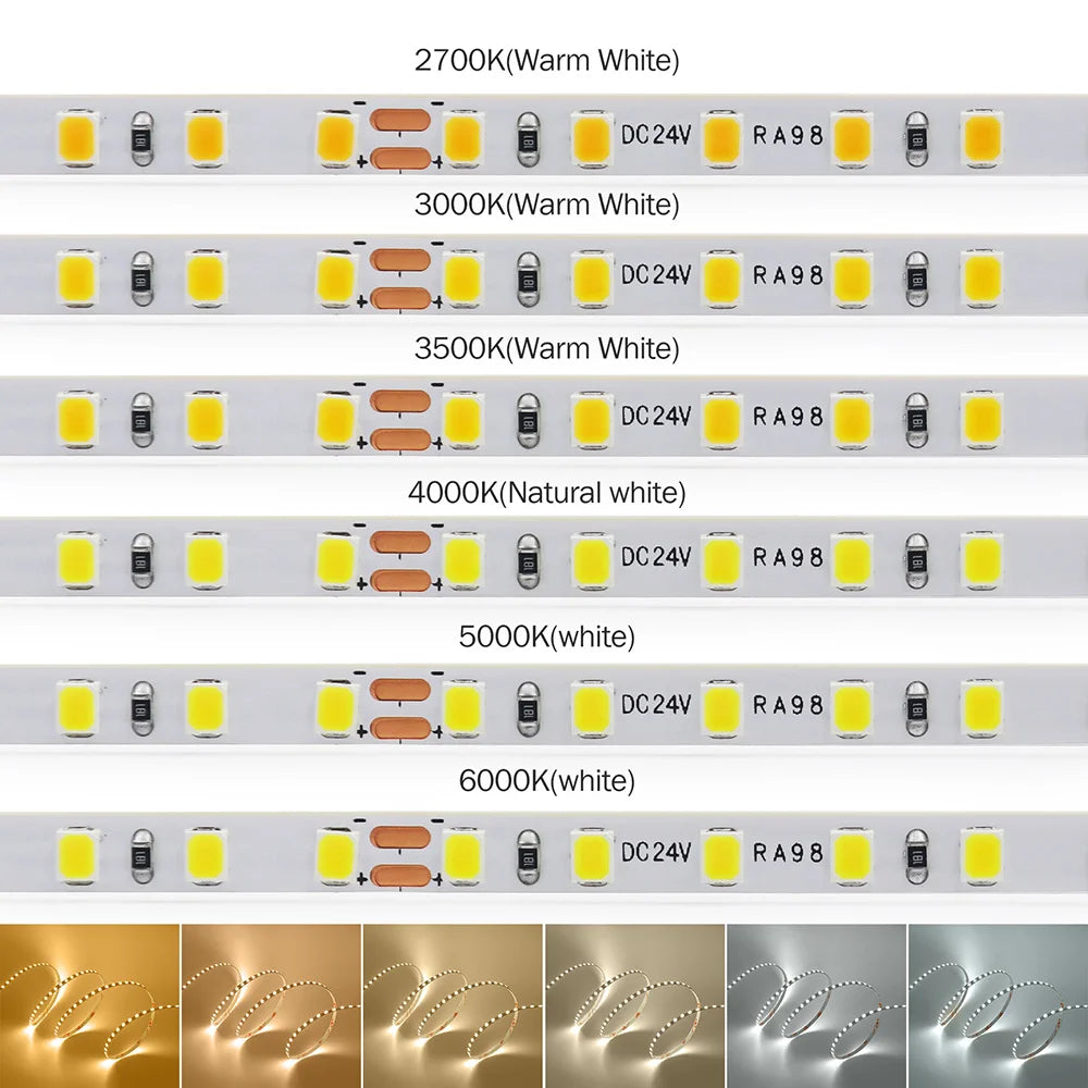 LED Strip Light RA98 5mm 8mm PCB 5m 10m 24V 2835 120 240 LEDs Flexible Adhesive Tape 2700K 3000K 3500K 4000K 5000K 6000K Decor
