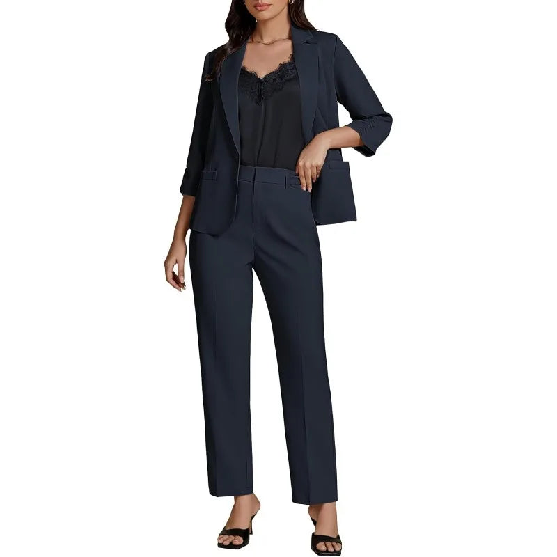 Pant Suits for Women Dressy 2 Piece Business Casual Outfits 3/4 Sleeve Blazer Straight Leg Pant Sets Office Work