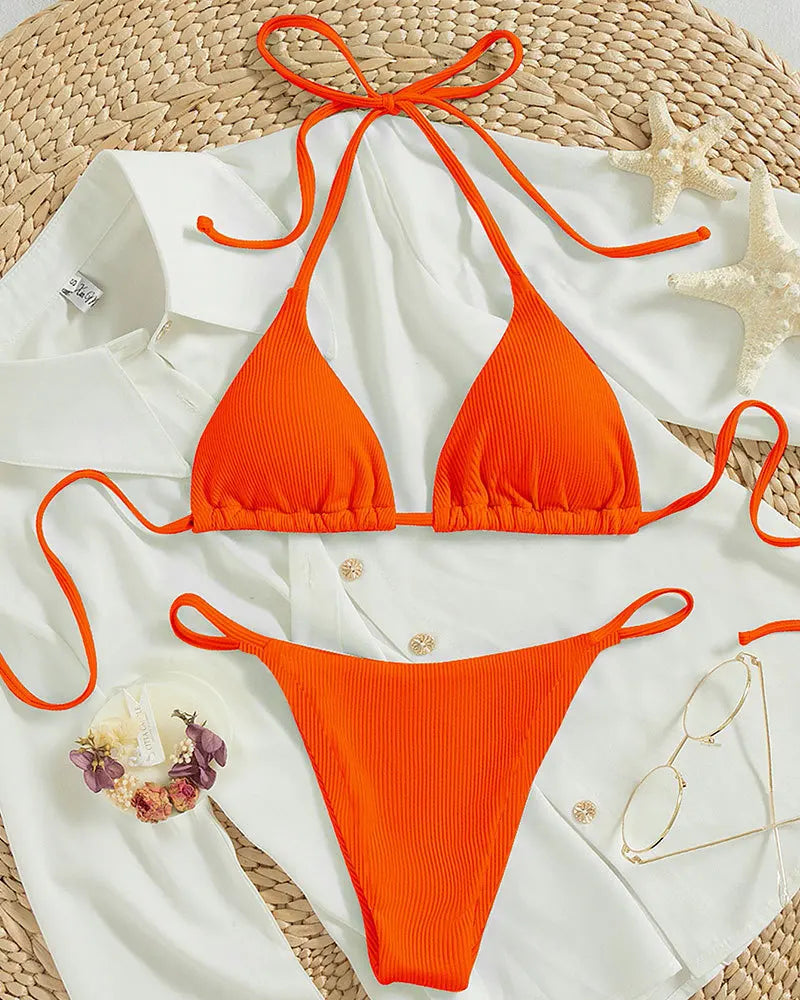 Bathing Suit Women Sexy Solid Halter Swimsuit Special Stripe Fabric Bikini Set Drawstring Lace Up Two-piece Split Beach Biquini