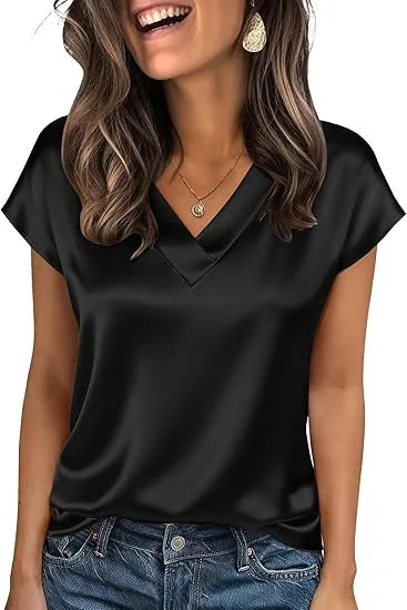 Women's Summer New T-shirt Casual V-Neck Short Sleeve Blouse Business Casual Tops Satins Silk Summer Shirt Work Solid Color Tops