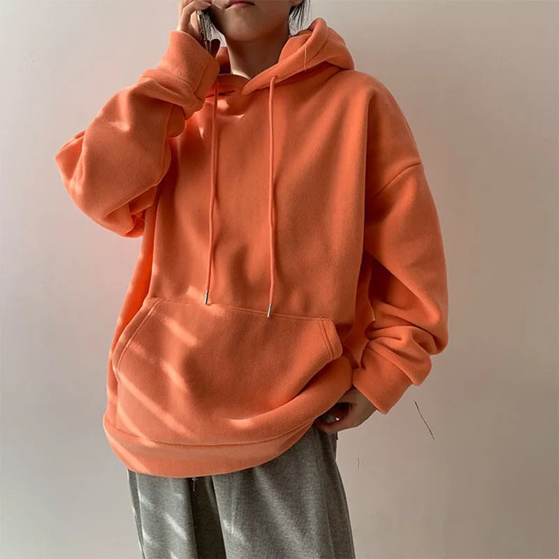 Autumn Korean Solid Hoodies Women Fashion Loose Pocket All Match Warm Pullover Tops Y2K Oversized Streetwear Casual Sweatshirts