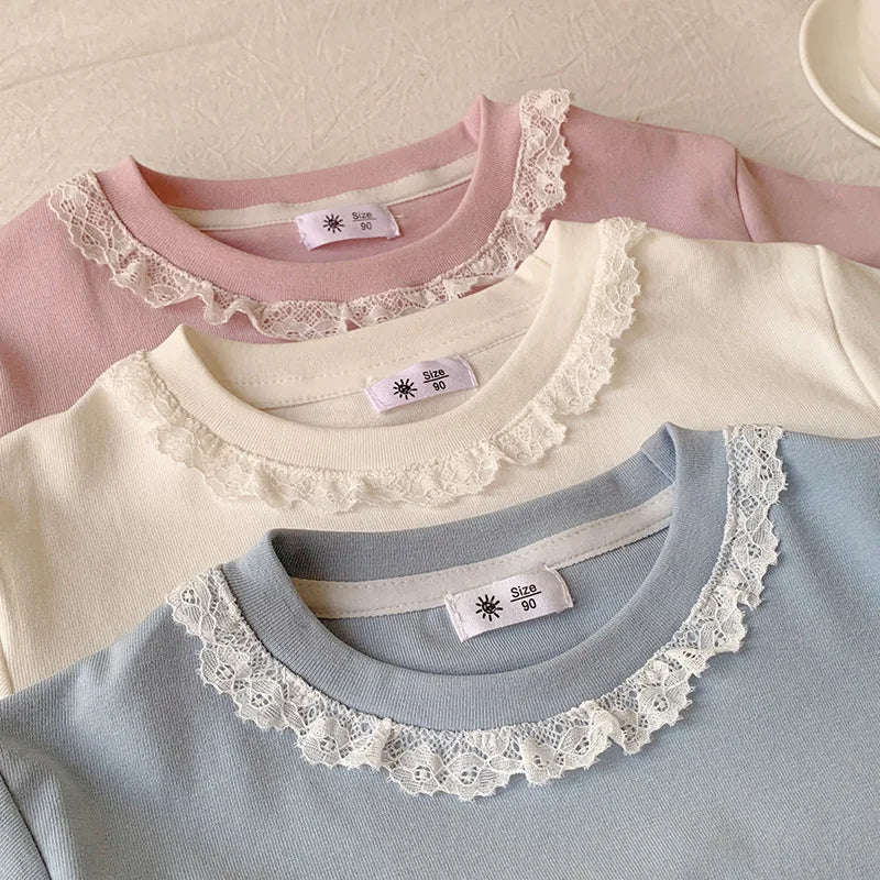 Summer Girls Lace T-shirt Kids Loose Casual Solid Color Short Sleeves Crewneck Tops Baby Girl Cotton Tees Kids Clothes 1-6Years