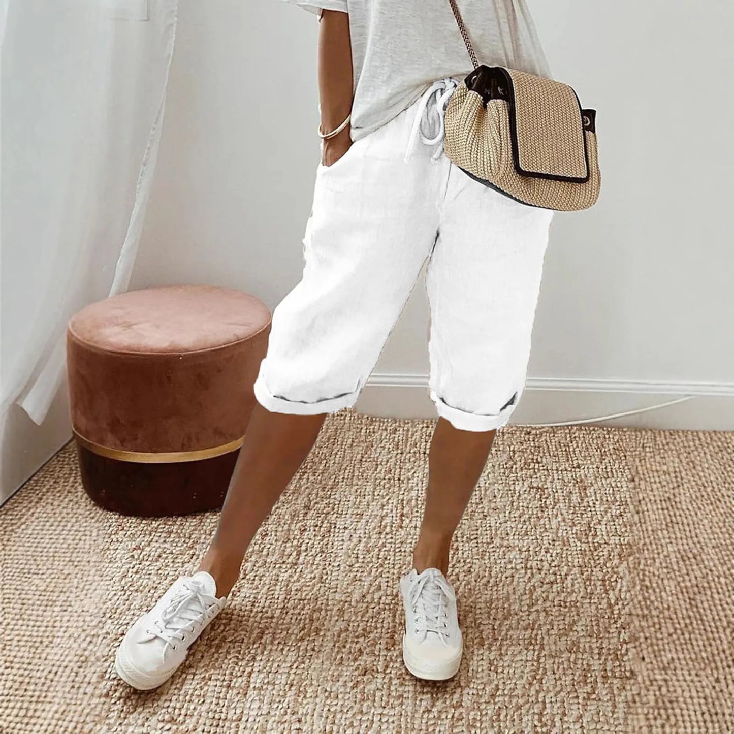Spring Summer Women's Cotton Linen Trousers Pants Solid Elastic Waist Oversized Pants Women Straight White Homewear Trousers 3XL