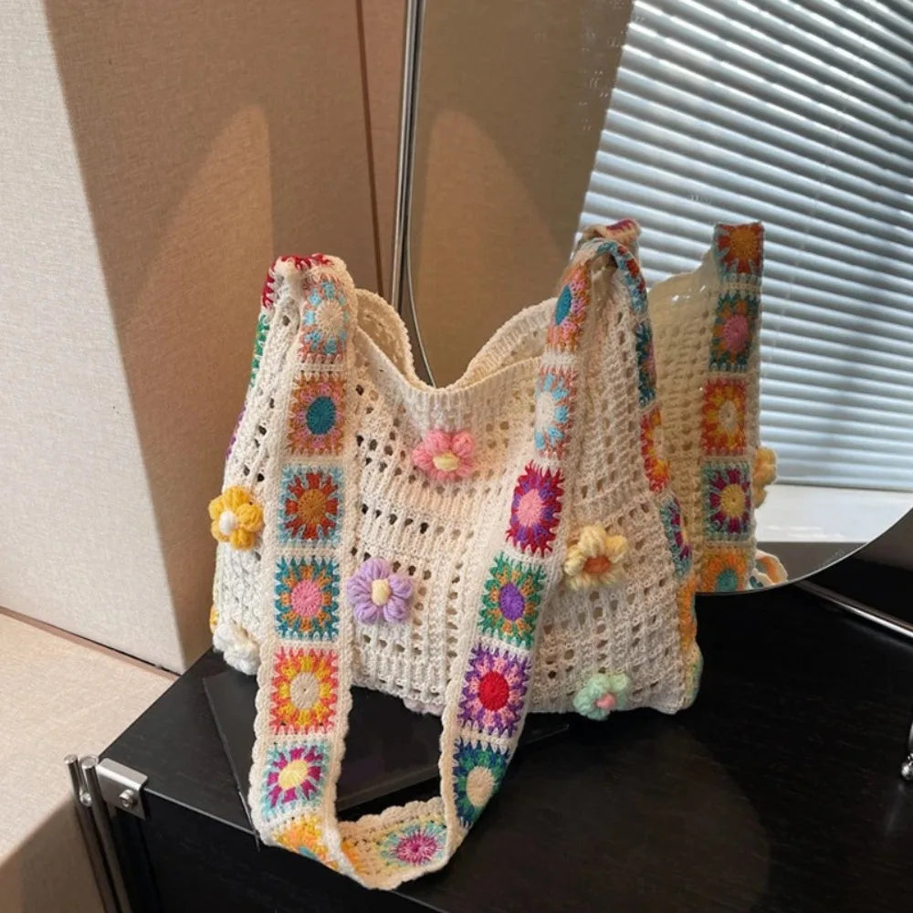 Fashion Large Capacity Women Shoulder Bag Floral Crochet Vintage Handbag Boho Hollow Out Knitted Crossbody Bags