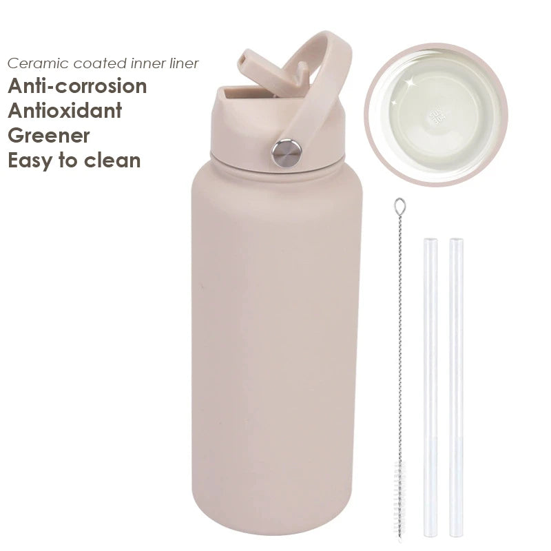 1000ML Water Bottle With Straw Lid Vacuum Insulated FlaskThermos Tumbler Ceramic Anti-Corrosion Coating Custom Gifts