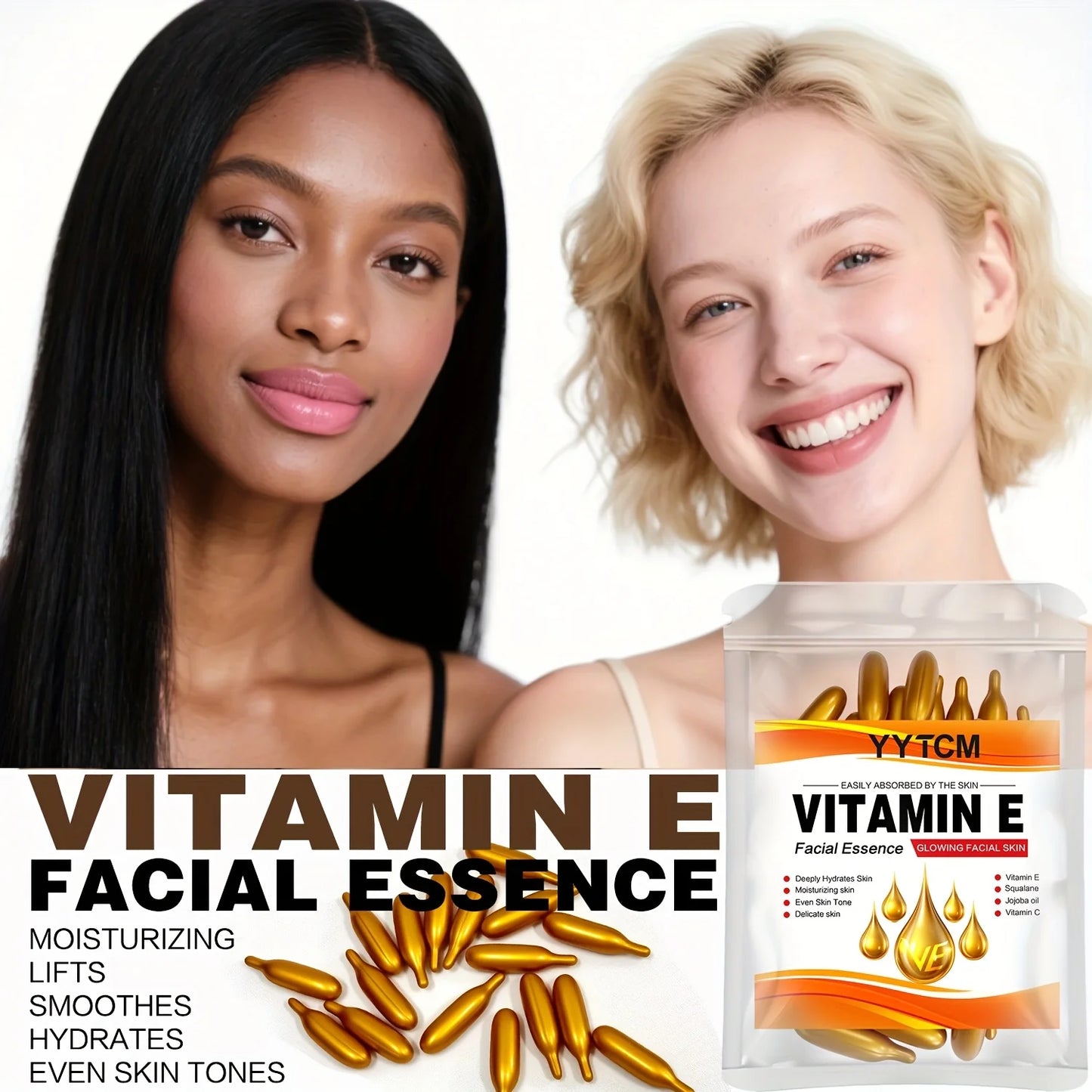 Vitamin E Deep Moisturizing Capsule Essence, Hydrates and Smoothes the Skin, Contains Plant Squalane, Vitamin C, Deep Hydrating and Brightening Skin Essence (0.4g X 30 Capsules)/Bag-1 Bag