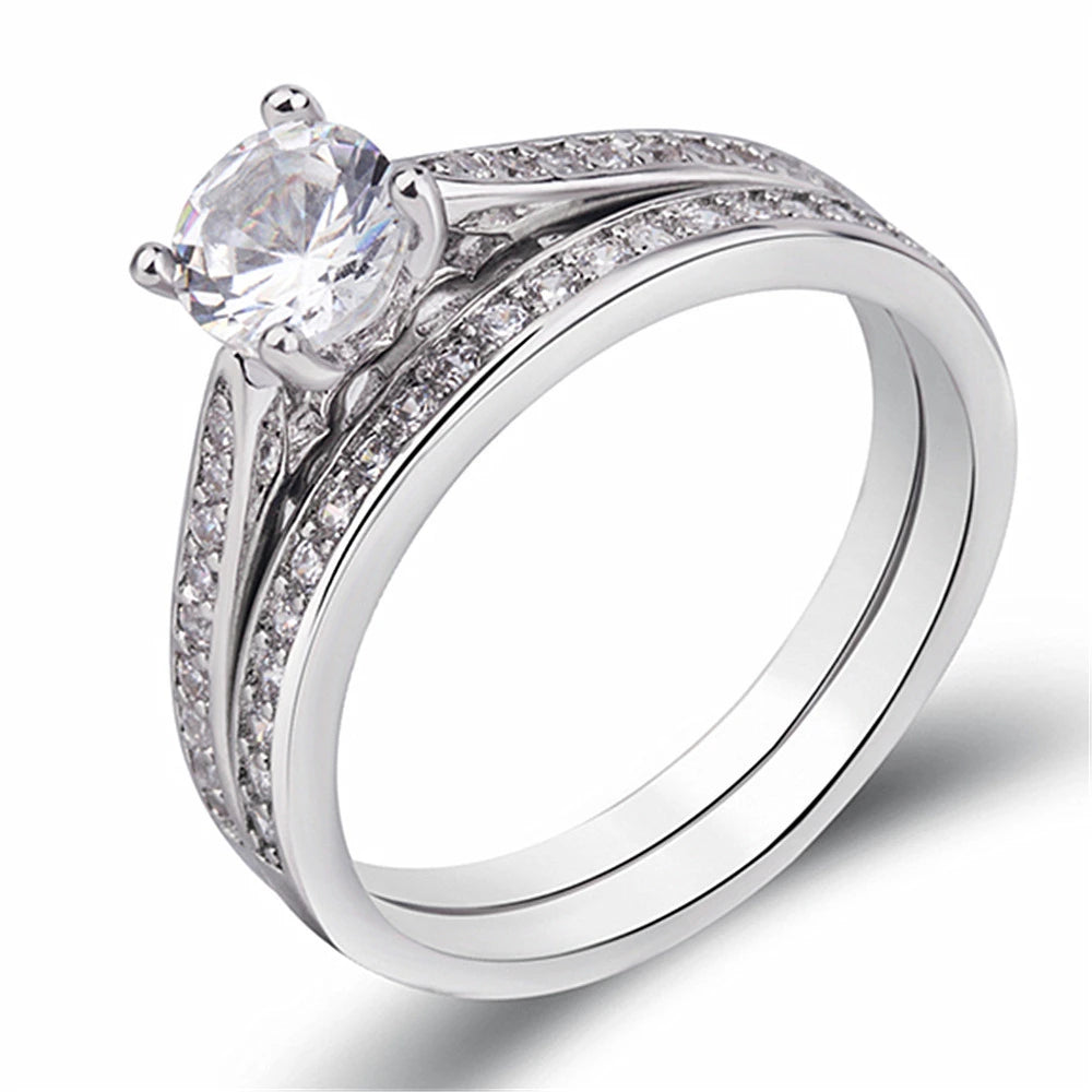 925 Sterling Silver Ring Inlaid With Crystal Zircon Fashionable Couple Double Layer Ring, Wedding Party Gift Jewelry