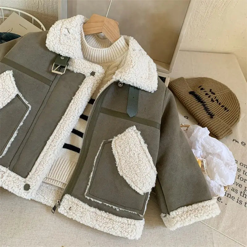 Winter New Children's Jacket Boys and Girls Baby Plush Thickened Cotton Coat Warm Jacket Motorcycle Coat  Autumn