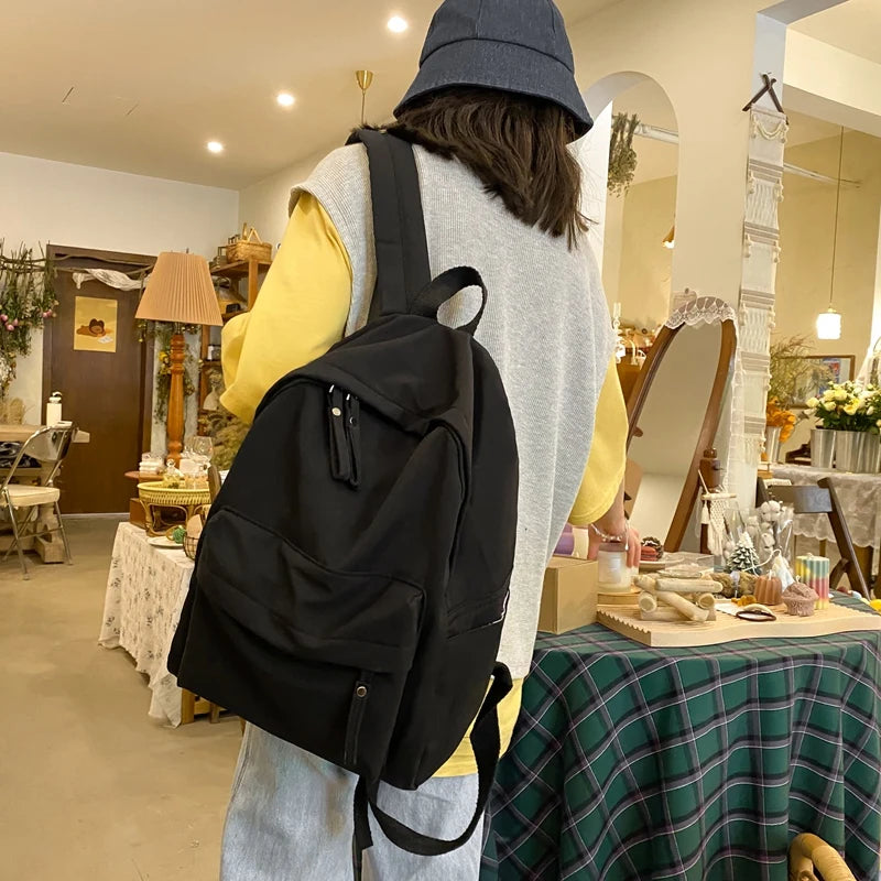 Simple Solid Color Backpack Women 2022 Waterproof Nylon School Bags For Teenager Girls Bookbag Lady Travel Backbag Shoulder Bag