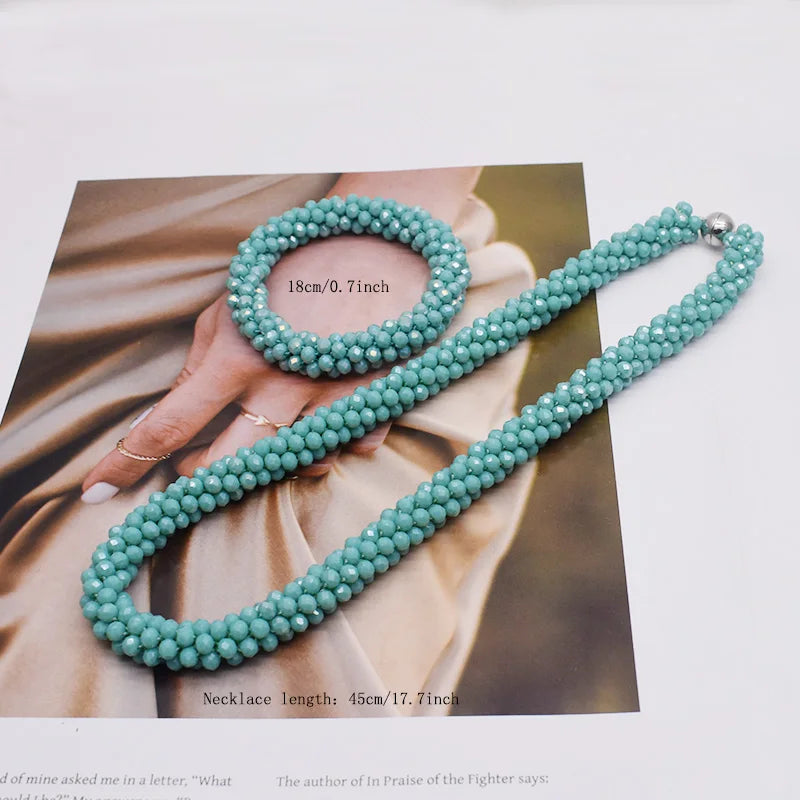 New Woven Bead Necklace Glass Beaded Bohemian Statement Necklace Bracelet Hair Accessory Set For Women Jewelry Gift
