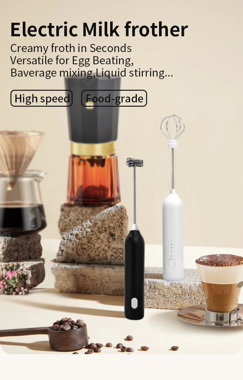 Cordless Electric Milk Frother Hand Mixer Whisk 2-in-1, USB 3 Speeds Handheld Milk Foamer for Coffee Cappuccino Mini Blender