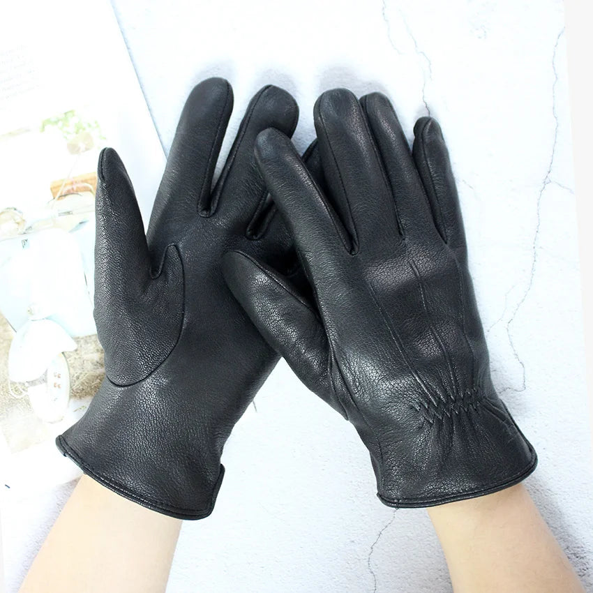 Winter Thick Sheepskin Fur Lining Warm Goatskin Gloves Men's Deerskin Pattern Leather Sheep Shearing Cold-Proof Finger Gloves