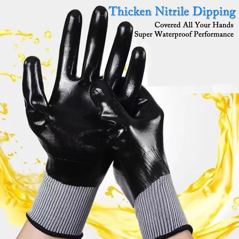 1pair Anti-Slip Waterproof Gloves Nitrile Coated Oil/Water Resistant Work Gloves For Garden Repairing Fishing Work Safety Gloves
