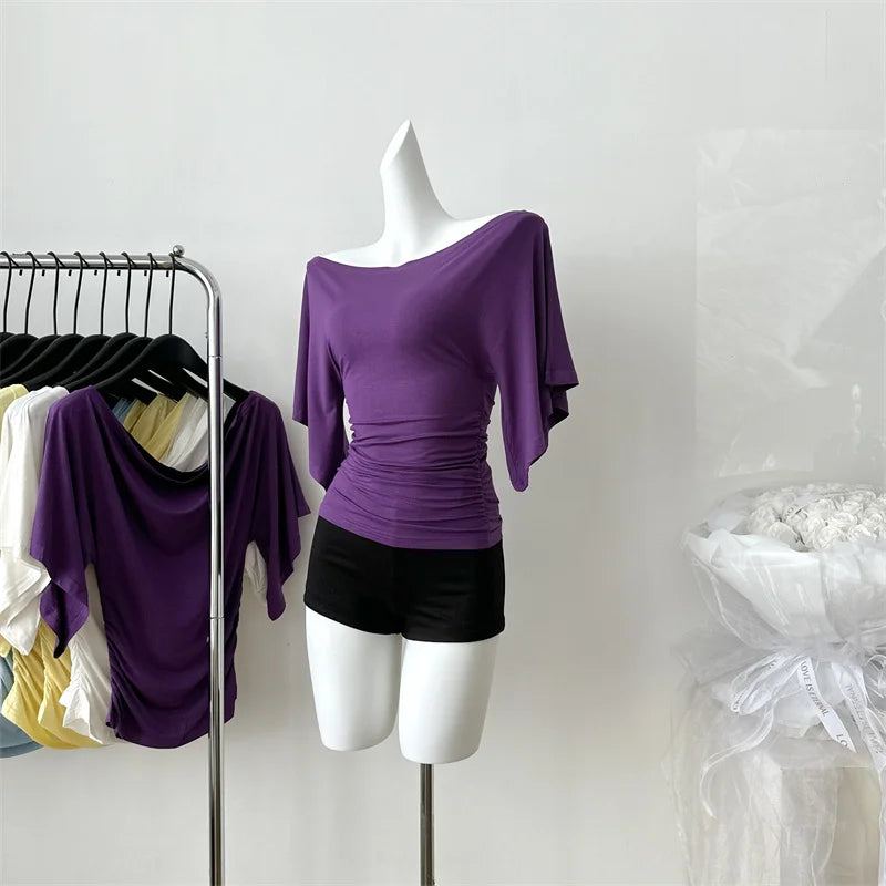 Women's Summer High Stretch Slash Neck Flare Sleeve Slim T Shirt Lady Sexy Pleated Slim Solid Color Pullover Tee Top