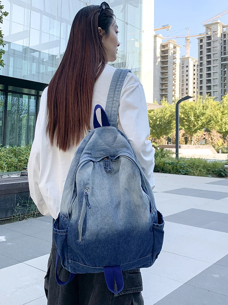 Men's and Women's Backpacks, Student School Bags, Large-Capacity Washed Denim Bags